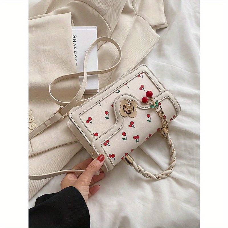 Fashionable High-Class Lady Square PU Handbag, Cute Cherry Printed Shoulder Bag for Shopping, Dating, and Crossbody, Kawaii Cherry Elements Valentines