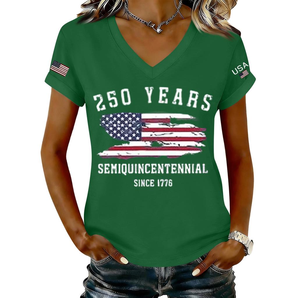 Women's Casual V Neck Short Sleeve T Shirt Semi Centennial Letter Print Lightweight Soft Fabric Relaxed Fit Summer Top