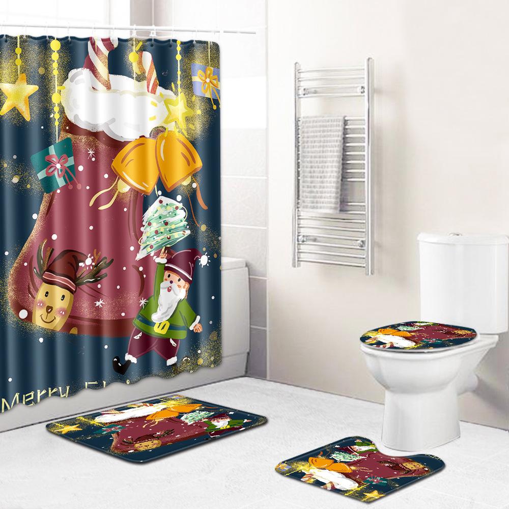 Christmas Shower Curtain Floor Mat Combination Four-Piece Set Bathroom Toilet Carpet Shower Room Mat Foot Mat