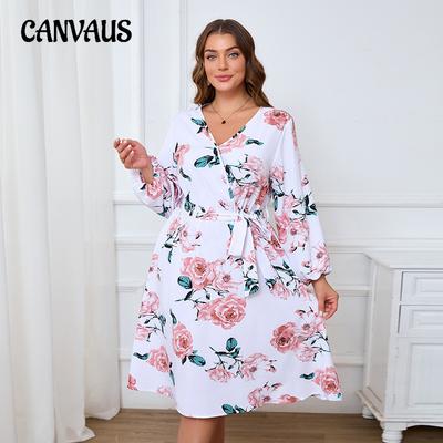 Plus Size Women's New Lantern Sleeve V Neck Print Dress