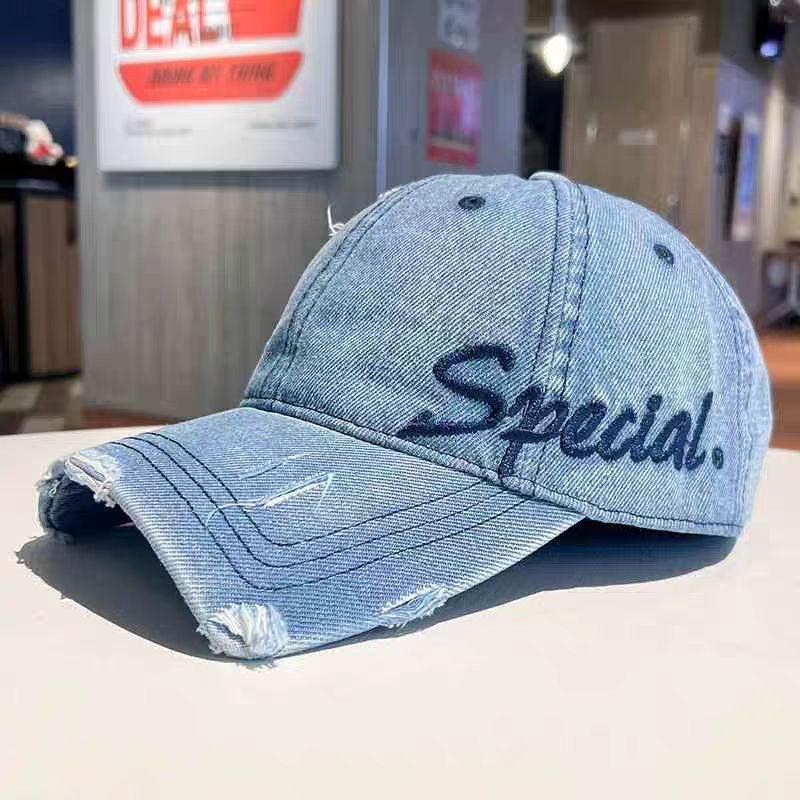 Embroidery Washed Old Denim Baseball Cap Female American Retro Hole Edging Soft Top Cap Wide Brim Showing Small Face