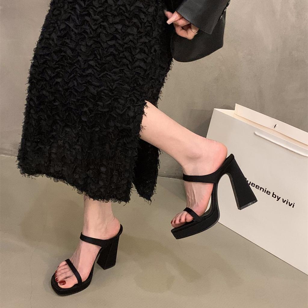 thick heel super high heel leopard print one-word slippers women's shoes wear 2025 new summer temperament black sandals