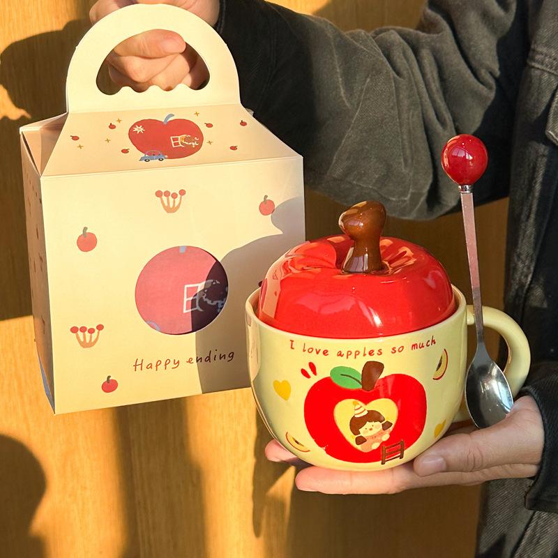 Apple Water Cup Cute Ceramic Cup Mug with Lid Spoon New Year's Birthday Gift for Girls