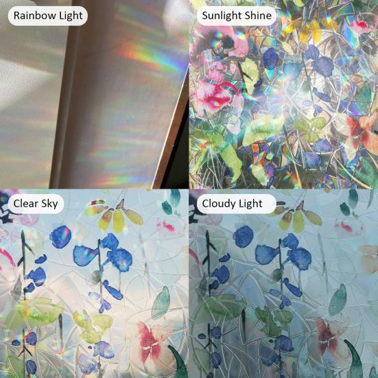 Rainbow Window Film Stain Glass Style Floral Static Clings Non-Adhesive Reusable Window Decals for Living Room Bedroom Kitchen Bathroom