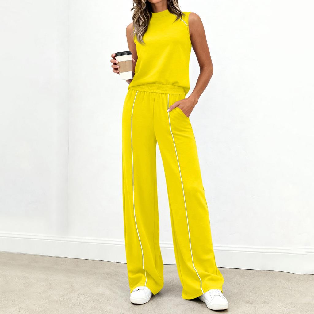 Women's Casual Fashion High-Neck Sleeveless Top And Wide-Leg Trousers Set