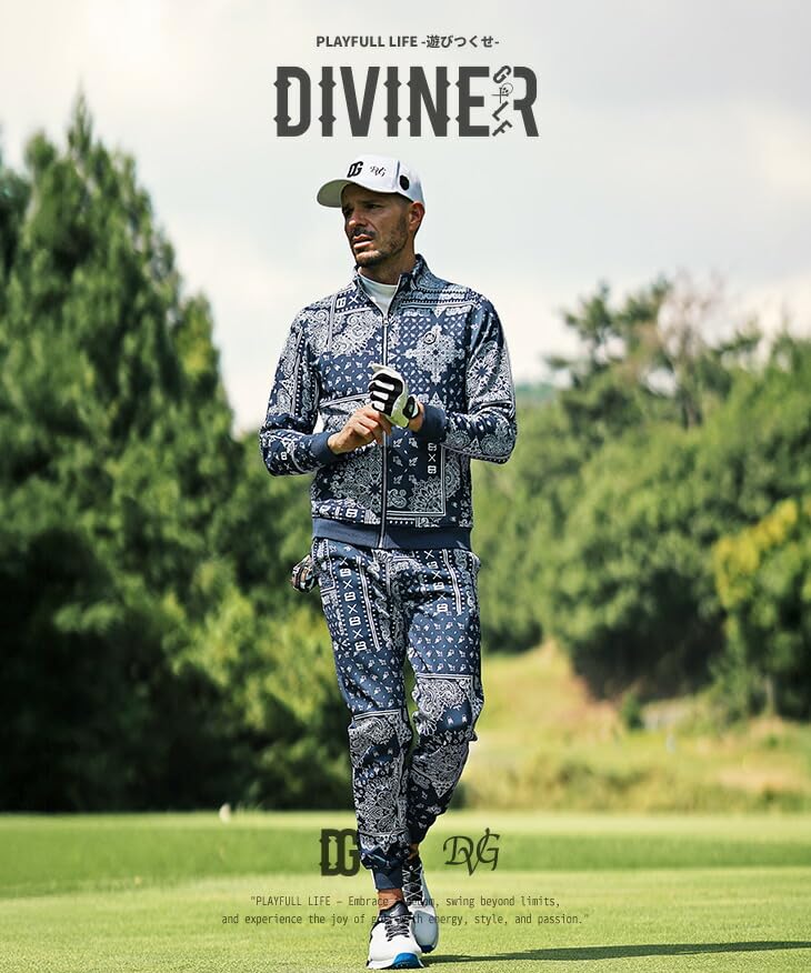 DIVINER GOLF Long Sleeve Golf Set for featuring a Paisley and Jogger Size Navy Men's Fall/Winter, Print, Stand-Up Collar, Pants. L, (Navy Logo).