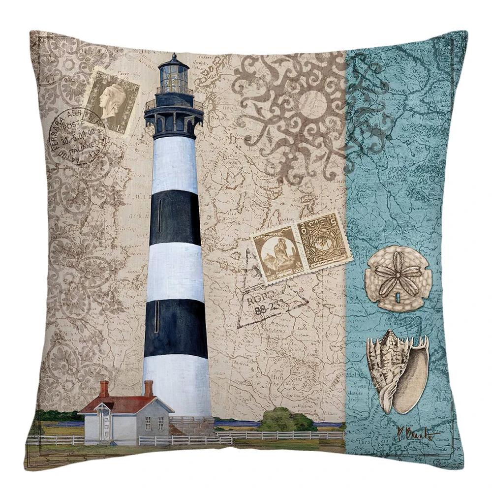 Sea Lighthouse with Shells Plush Pillowcase, Sofa Cushion Cover for Home Improvement, Home Decoration Pillowcase