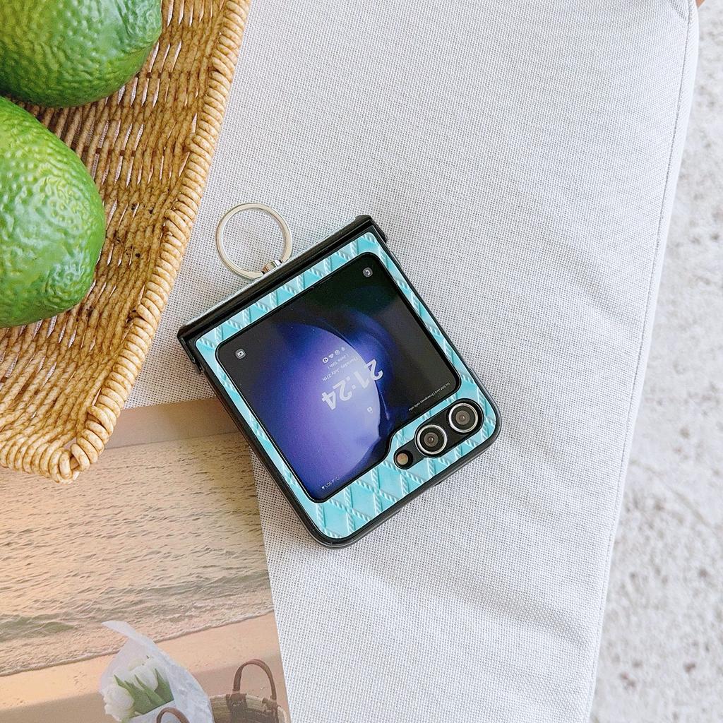 For Samsung Galaxy Z Flip7 FE 5G/Z Flip6 5G Rhombus Imprinted PU Leather Coated PC Phone Cover with Ring Kickstand