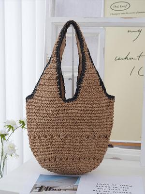 Handmade 2025 Straw Shoulder Bag - Large Capacity, Simple Design, Perfect for Vacations