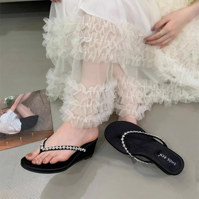 Rhinestone with sloping heel flip-flops female summer casual wear holiday beach temperament fashionable cool slippers