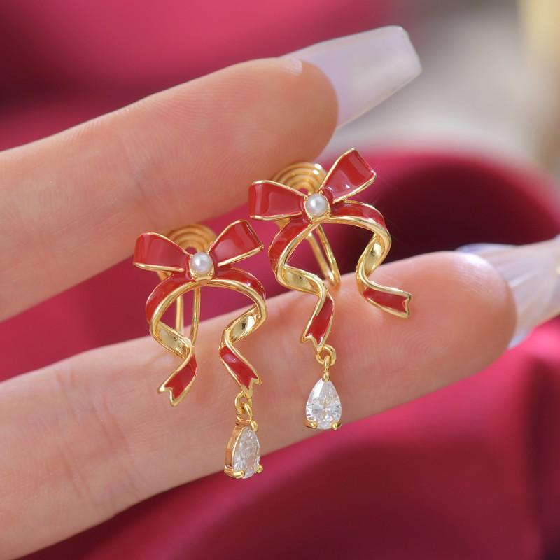 Elegant Butterfly Knot Dangle Earrings With Ribbon Zircon Drops Women Korean Sweet Style Mid-Length Studs