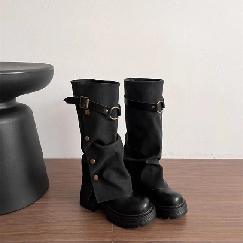 

Fashion Round Toe Belt Buckle Women Boots Fashion Flat Sole Mid Calf Autumn Niche Design Patent Leather Soid Women Shoes New Arrivals 35