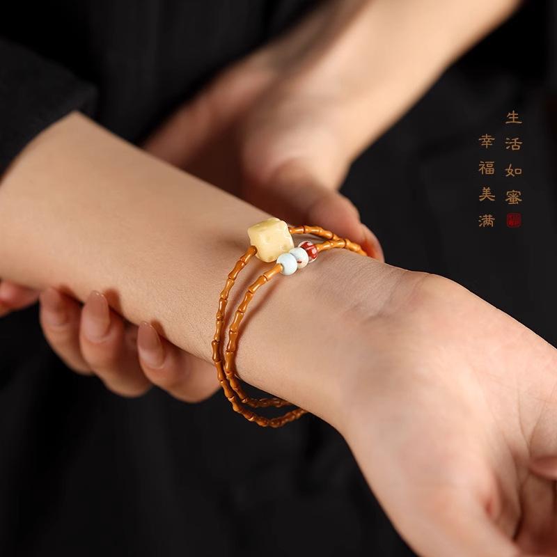 Cheese Sweetheart Natural Olive Stone Double Circle Bracelet for Women, New Chinese Style Bodhi Seed Bead Bamboo Joint Decorative Bracelet Olive pits-Double-loop br