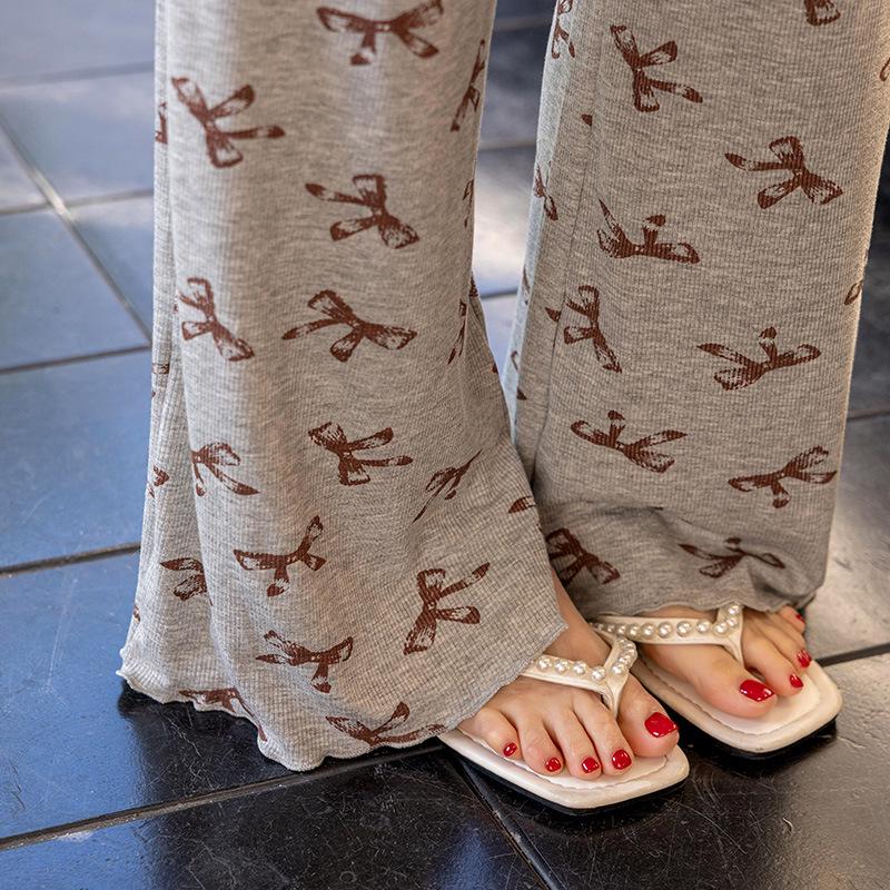 Women's Gray Bow Pattern Long Sleeve Pajama Set: Casual & Comfortable for Spring/Summer