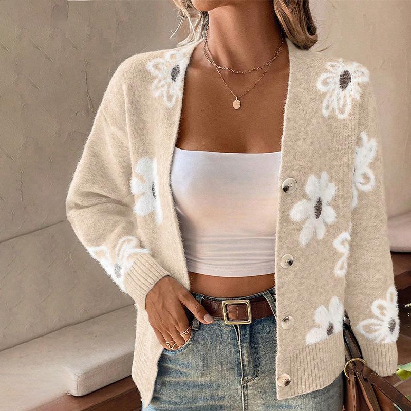Dámský jarní a podzimní kardigan na knoflíky s květinovým vzorem