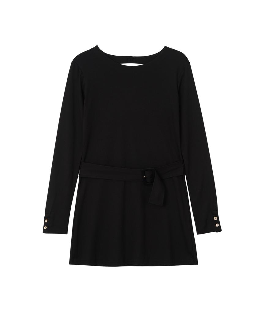Salon De Yon Back Point Belted Mini Dress_ Black