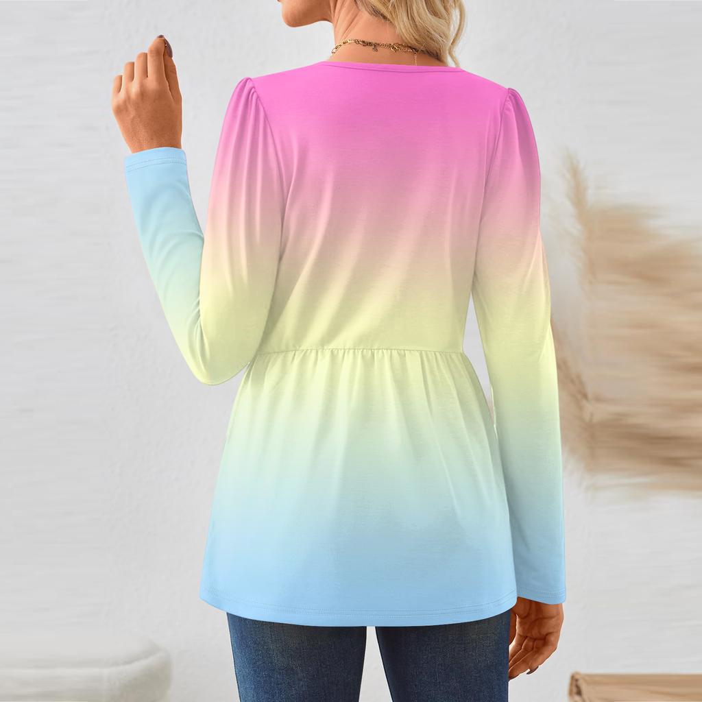 Women's Casual Fashion Long Sleeve Shirt Gradient Tunic Top
