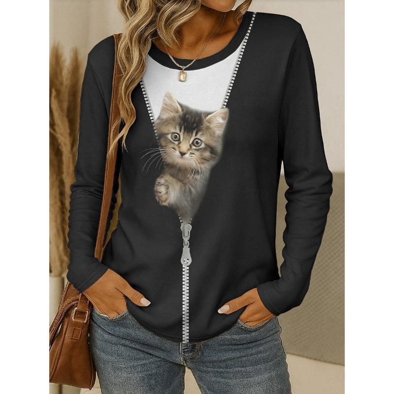 Damen T-Shirt Rundhals Langarm Tunika Grafik Tier Katze Vintage Stilvoll Klassisch Runder Hals Normale Oberteile