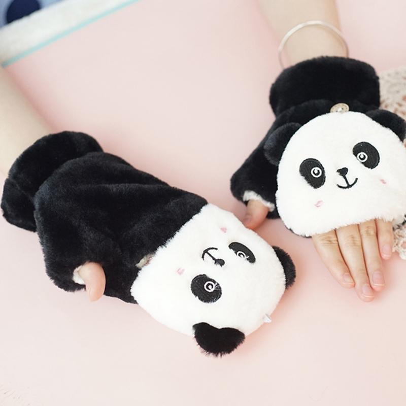 Winter Warme Handschuhe Flauschige Tier-Fäustlinge Plüsch-Panda Halbfingerhandschuhe mit Klappdeckel Warme Handschuhe für Kaltes Wetter