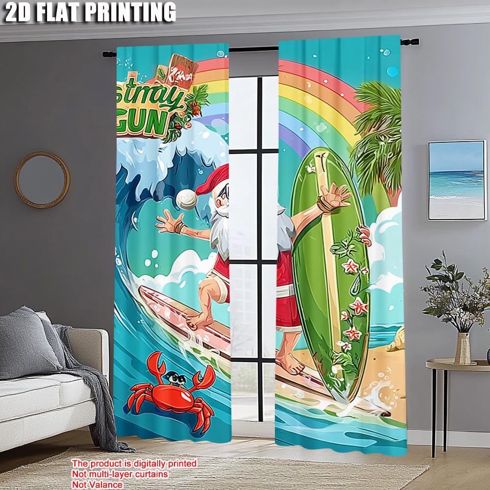 2 Stück, 2D-Flachdruck Vorhangstoff Frohe Weihnachten Santa Surfen Strand Polyesterstoff (ohne Stange) Geschenke für den Alltag