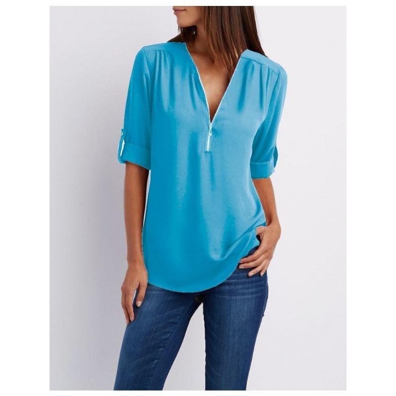 Women's Plus Size Loose Fit V-neck Chiffon Shirt with Long Sleeves and Adjustable Zipper