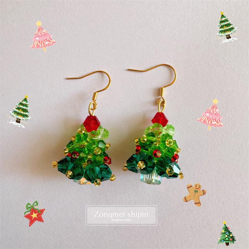 3D Christmas Tree Earrings with Red Bow - Heavy Beaded Crystal Ear Clips, Hand-Woven Holiday Accessories
