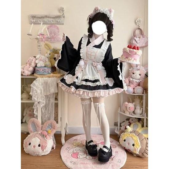 XHSUKADO Nurse Outfit 4-Piece Set One-Piece Womens Spring Summer Autumn Kimono Yukata Costume Cosplay Princess Sleeve Top Mini Skirt Apron Ribbon Maid