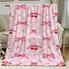 1pc Pink Checkered Bow Print Blanket Single-Sided Printing Soft And Comfortable Fleece Material Suitable for Sofa Travel Camping L