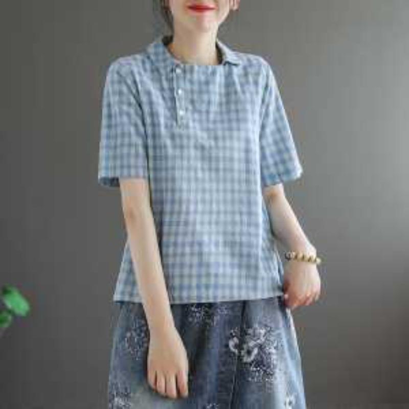 

Весна Новая Универсальная Женская Хлопково-льняная Футболка с Коротким Рукавом Свободная и Стройнящая Пэчворк Клетка Повседневный Топ L синий