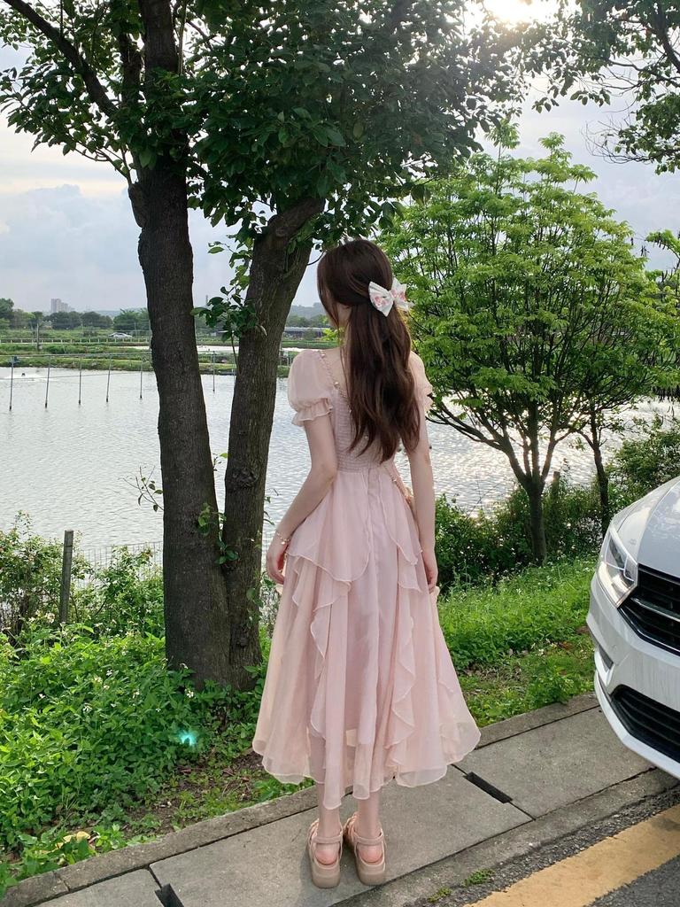 French square collar sweet gentle wind dress women's summer women's clothing waist thin ruffle edge long fairy skirt