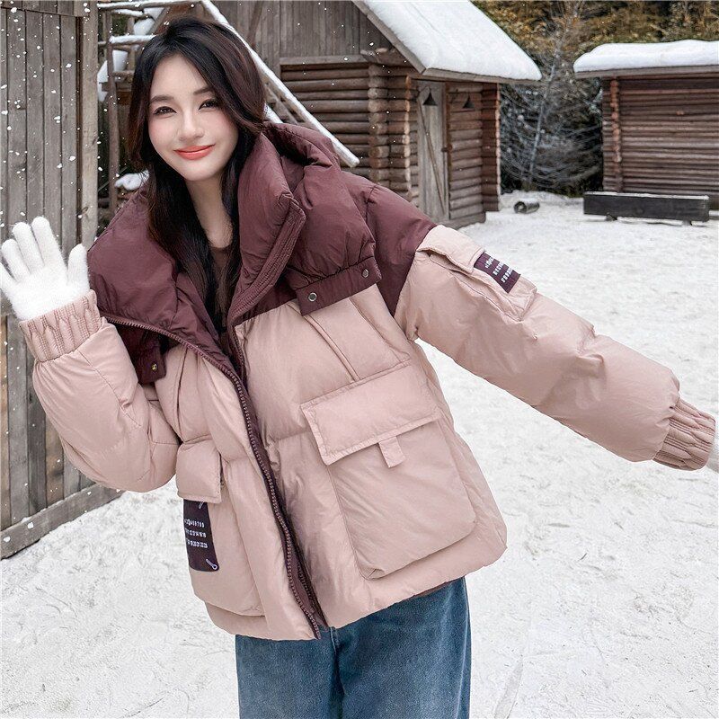 Damen Winter Colorblock Kapuzen Daunen Baumwolljacke Locker Kurz Gepolsterte Jacke Koreanisch Trendy