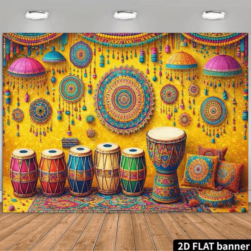 

2D Vibrant Indian Folk Photography Background with Tabla Drums & Decor 47.2x31.5inch/120*80cm