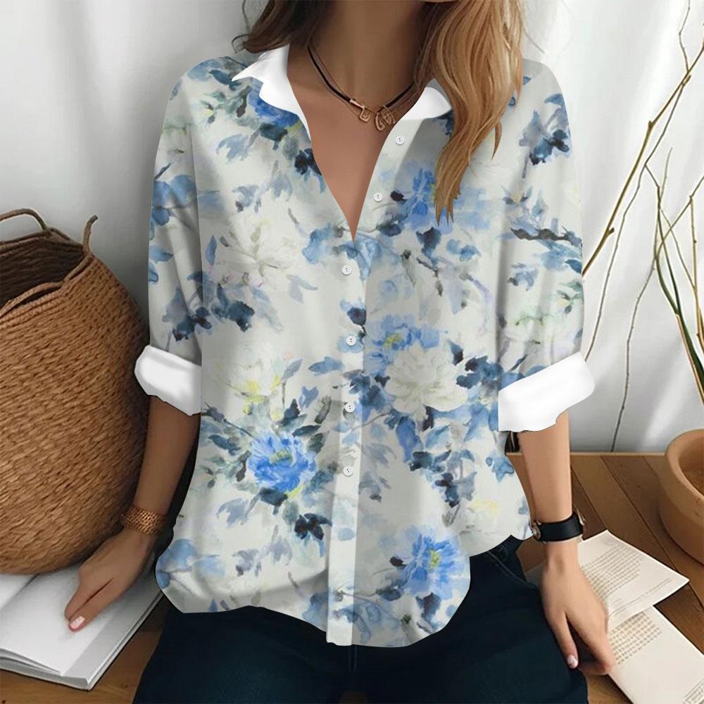 Summer Women's Shirt Long Sleeved Lapel Top Flower Pattern Casual Oversized Button Clothing Women Elegant and Fashionable Shirt