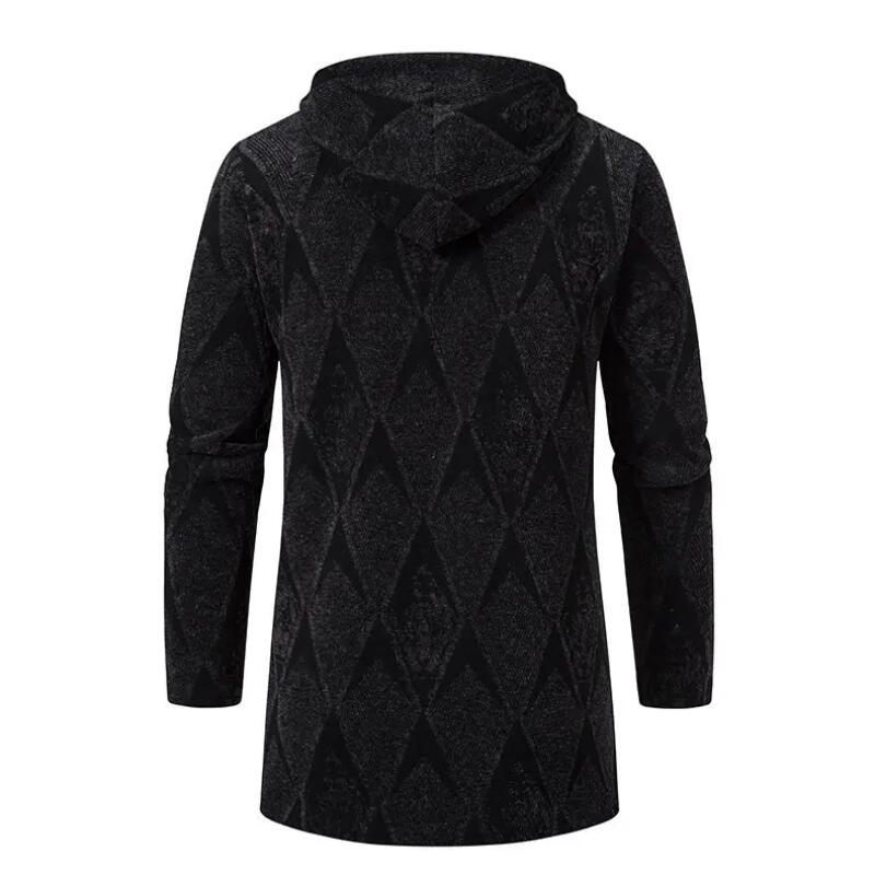 Autumn Winter Men's Fleece Mid Length Hooded Knit Cardigan Casual Knitwear Coat Thickened Warm Sweatercoat Men
