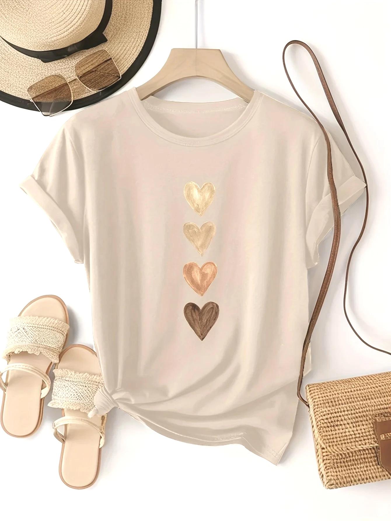 Women s short Unisex casual T-shirt with four hearts graphic print Novelty round neck T-shirt S