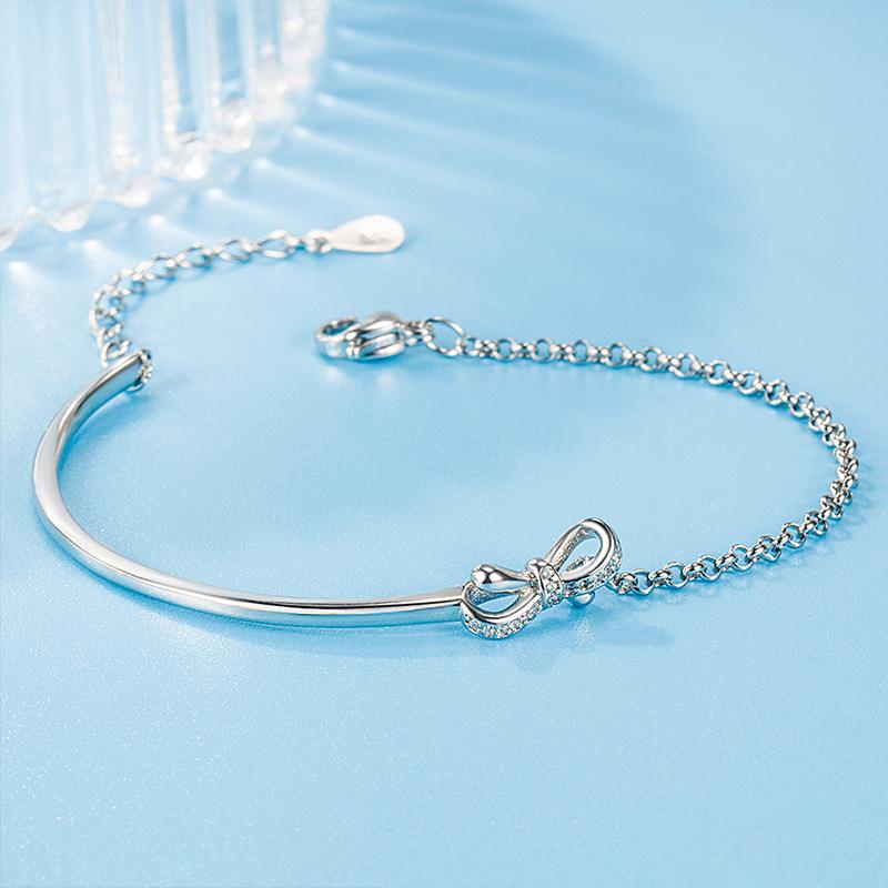 925 Silver Bow Bracelet Shiny Zircon Christmas Gift for Women Party Jewelry Elegant Birthday Present