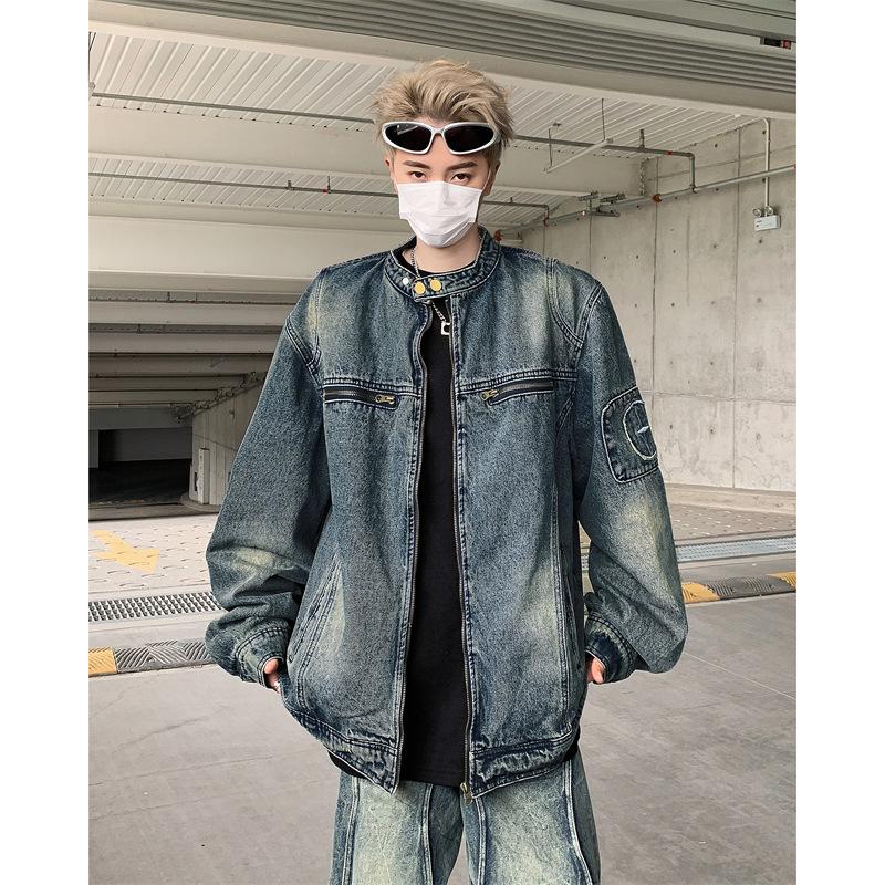 2025 Spring American High Street Locomotive Denim Jacket Men's Washed Old Trendy Brand Loose Casual Zipper Jacket