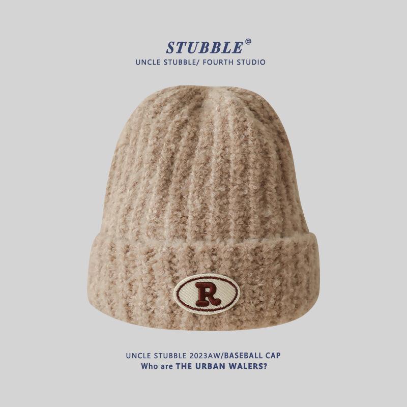 Warm Knitted Hats for Men and Women R Marked Face-showing Small Woolen Hats  Pile Hats for Couples  Outdoor Pullover Cold Hats
