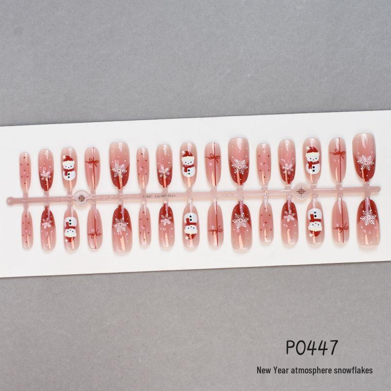 Festive Snowflake Snowman Cat Eye Nail Art Stickers - Medium-Long Red, 30 Pieces for New Year Celebrations.