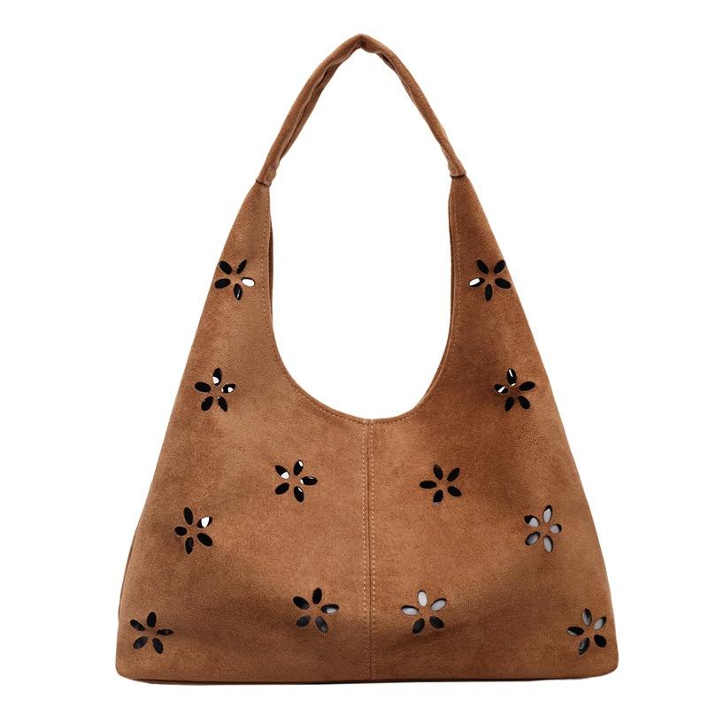 Floral Cutout Suede Hobo Bag with Open Top Design Large Capacity Fashion Shoulder Bag
