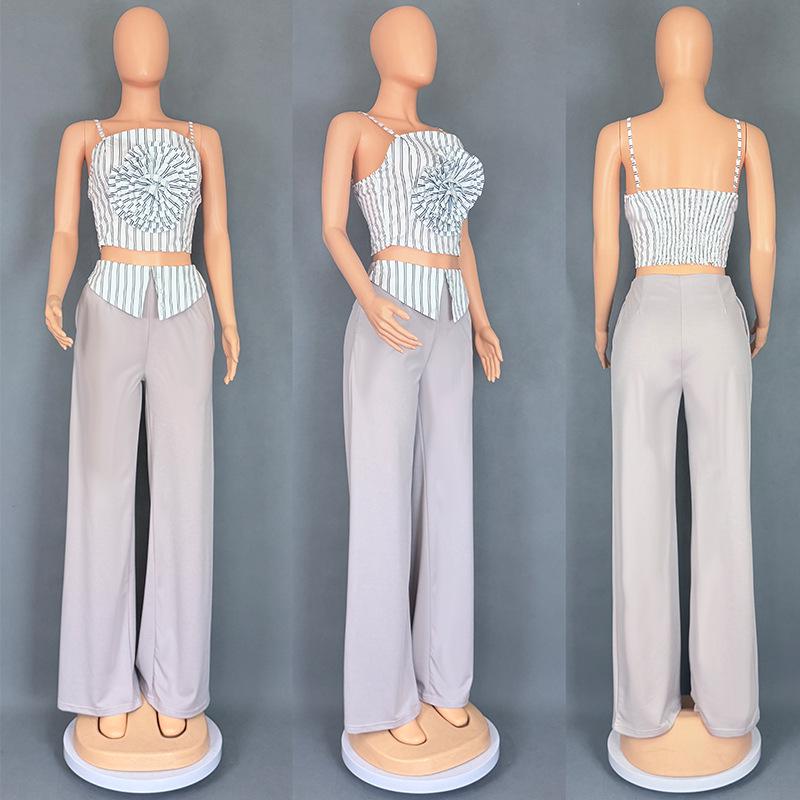 European-American Design Women's Striped Floral Tube Top & Straight-Leg Pants Set