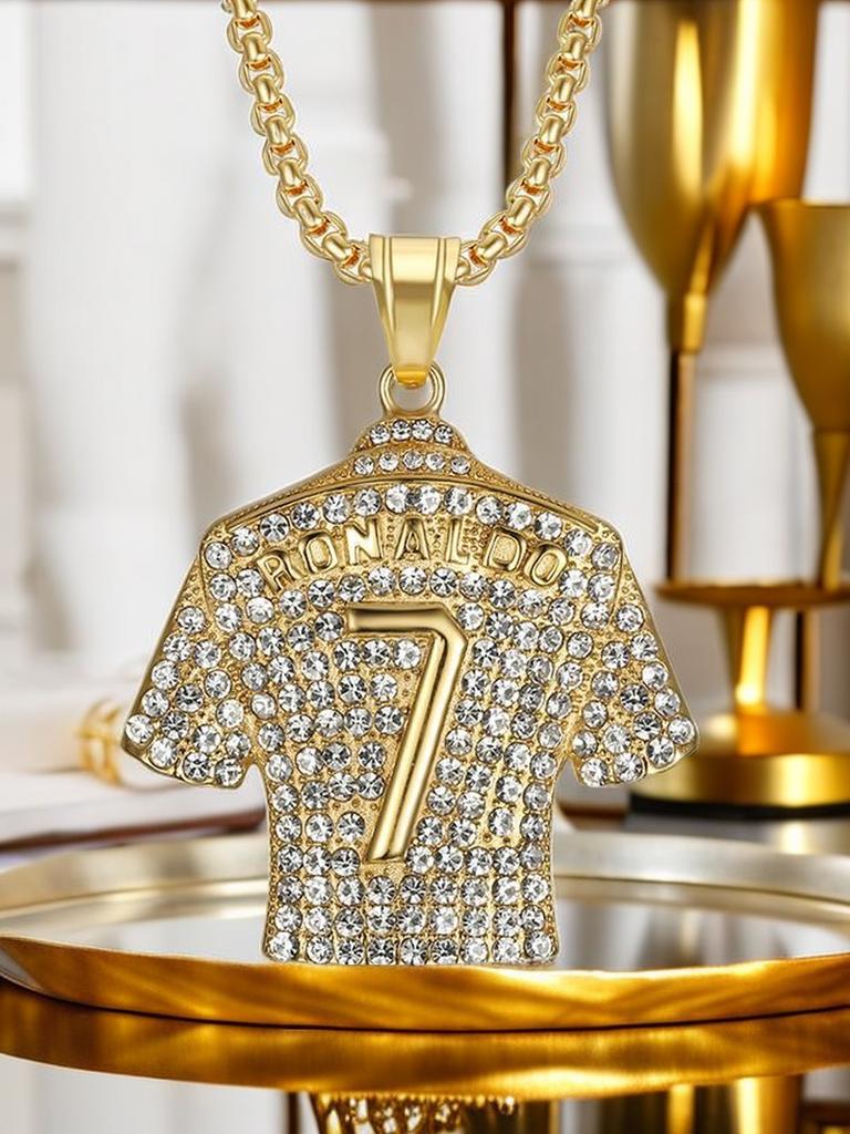 Hip Hop Iced Out Bling Fußballtrikot Nummer 7 Anhänger Goldfarbe Edelstahl Fußball Halskette für Männer Schmuck Geschenk