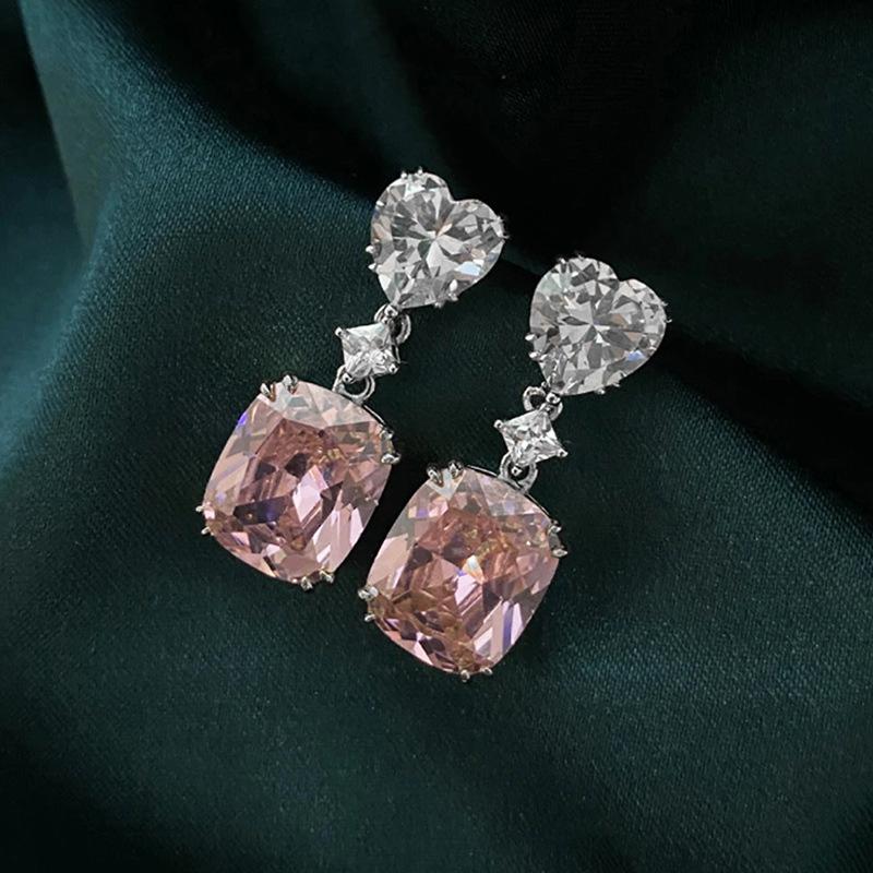 Heart and Cushion Cut Pink Stone Drop Earrings for Women Romantic Jewelry