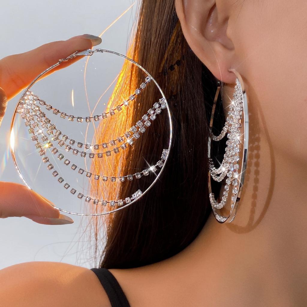 Diamond fringed circle silver needle earrings personalized fashion light luxury temperament earrings