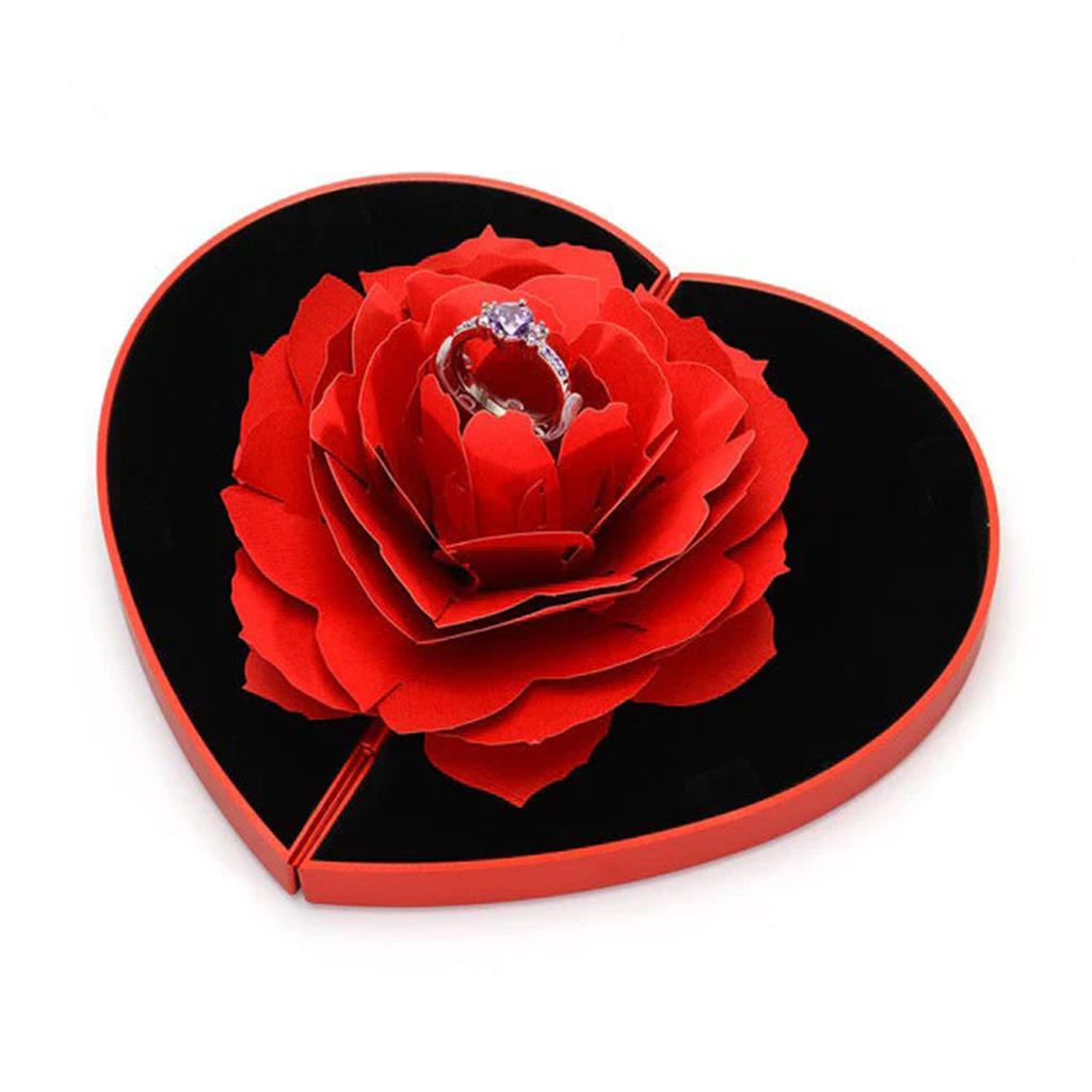 Herzförmige drehbare Rosenring-Box, High-End-Samt, verstellbar, kreative Geschenkbox für den Valentinstag zur Schmuckaufbewahrung