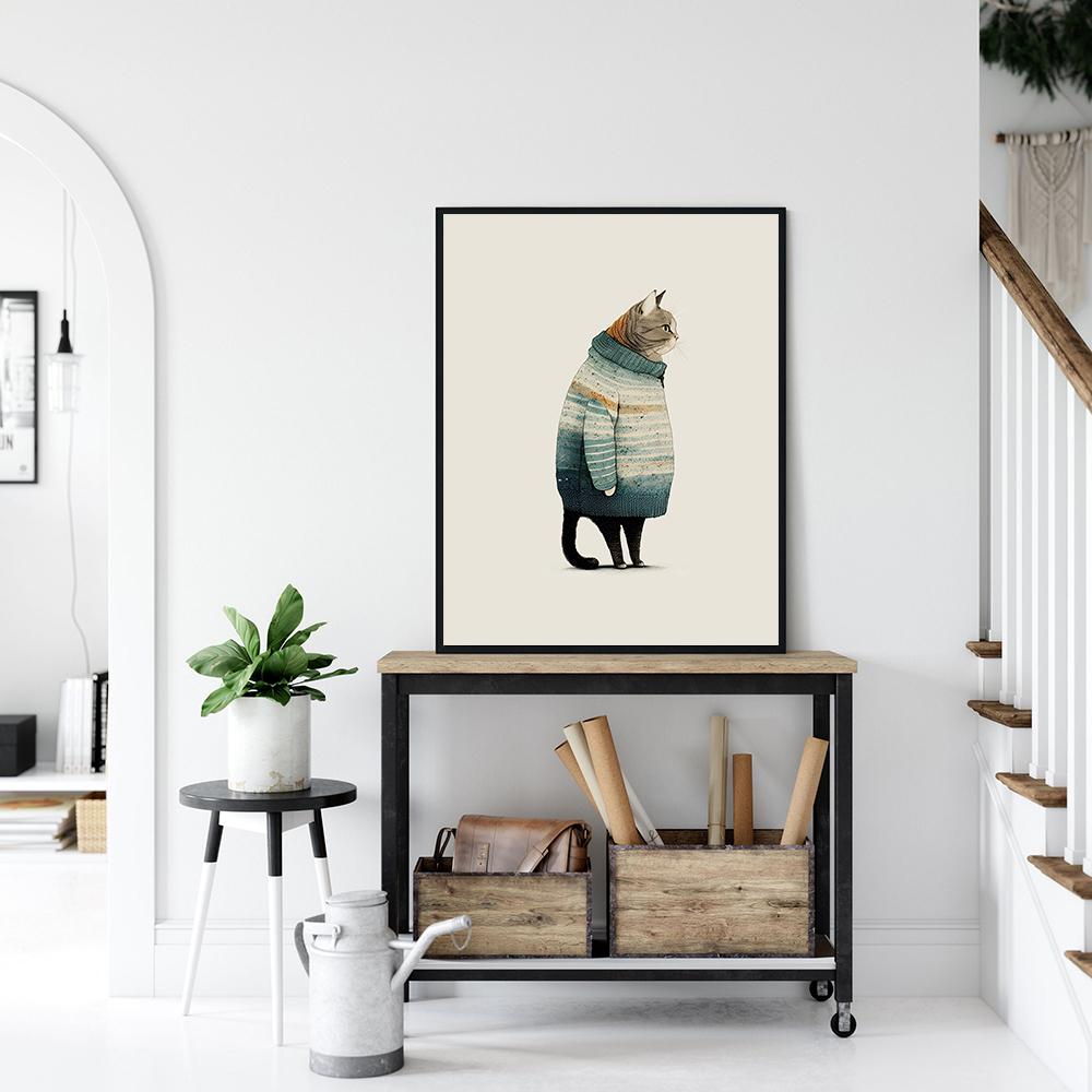 Minimalist Fat Gray Cat in Sweater Posters Modern Cute Trendy Funny Cat Wall Art Canvas Painting For Living Room Home Decoration