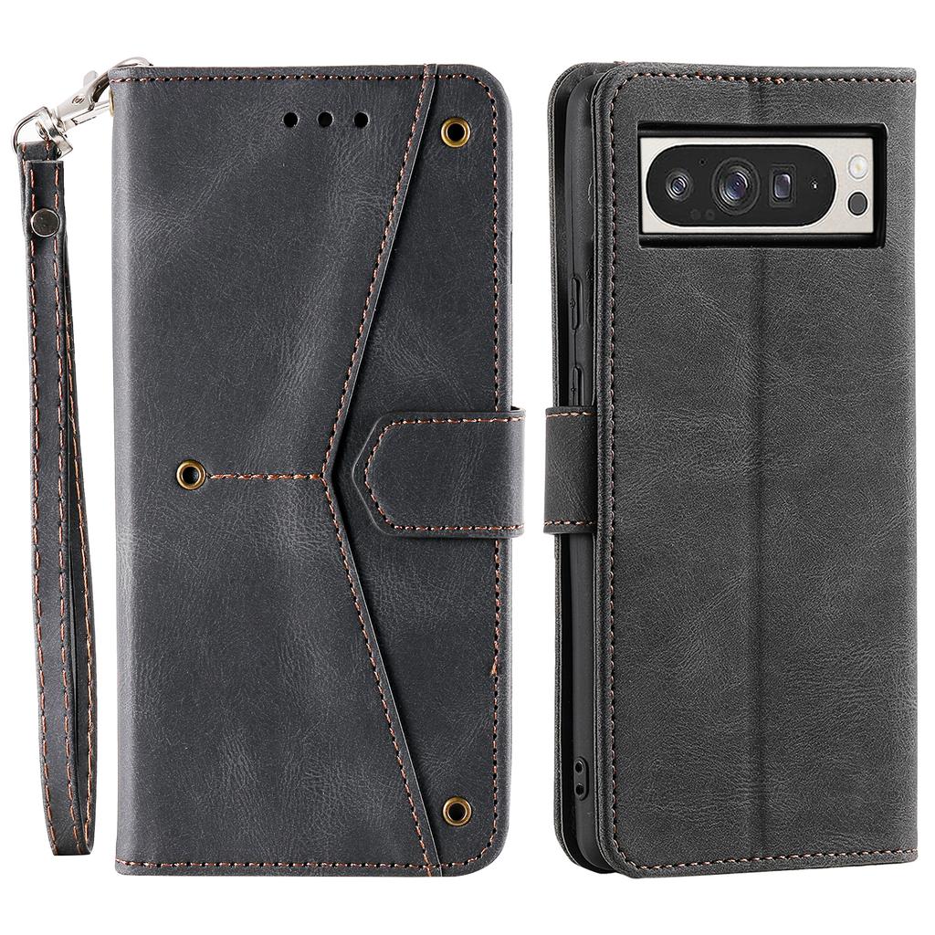 For Google Pixel 9 Pro XL Leather Case Splicing Stitching Wallet Stand Phone Cover with Strap