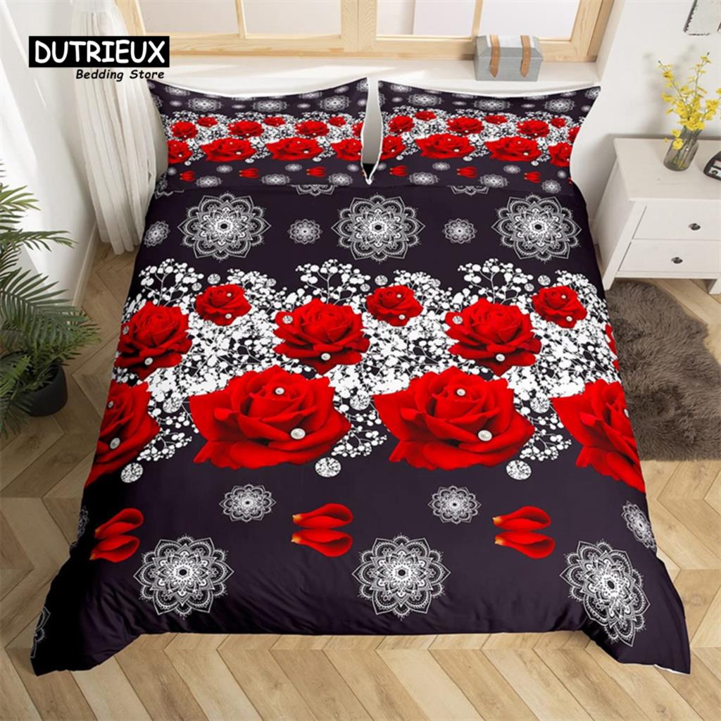 Red Rose Duvet Cover Twin King Romantic Theme Floral Bedding Set Microfiber Love Heart Flowers Quilt Cover For Girl Teen Wedding