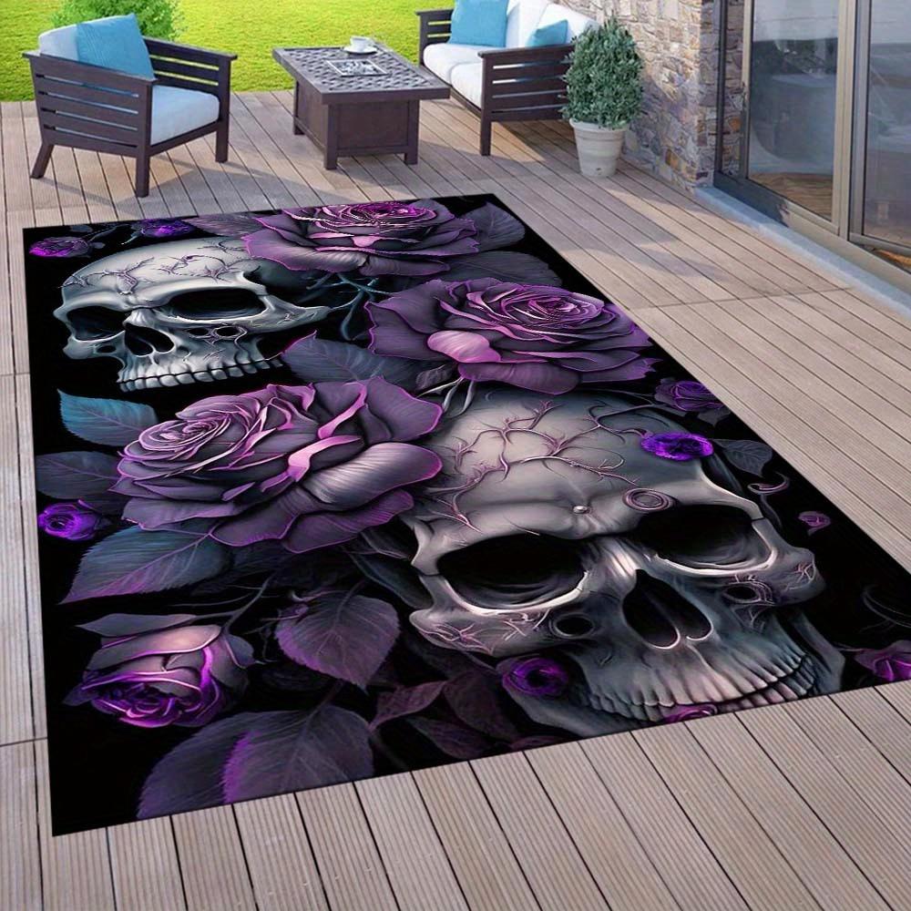 Purple Skull Rug for Outdoor Spaces, Floral Accents, Durable Porch Carpets for Halloween Decor