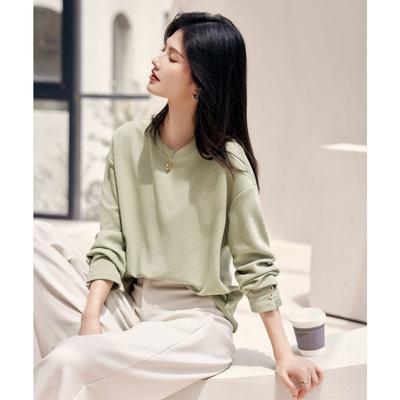 Printemps Automne Col O Simple Mode Sweat-shirt Femmes Ample Décontracté Uni Tout-aller Pull T-shirt Haut à Bas